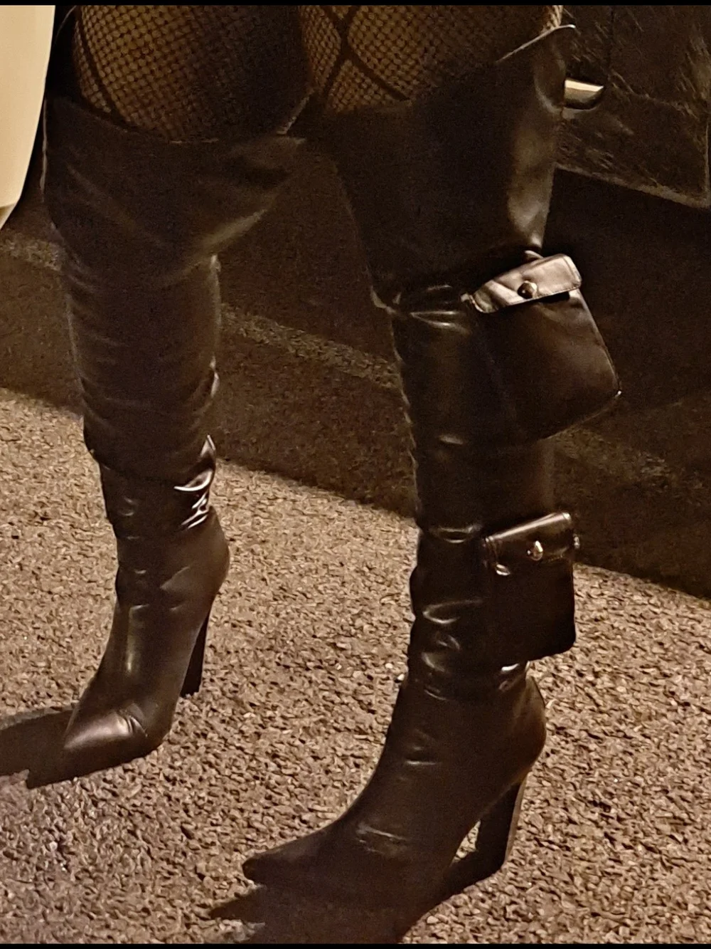 Black Over-the-Knee Pointed Toe Block Heel Boots with Side Pockets